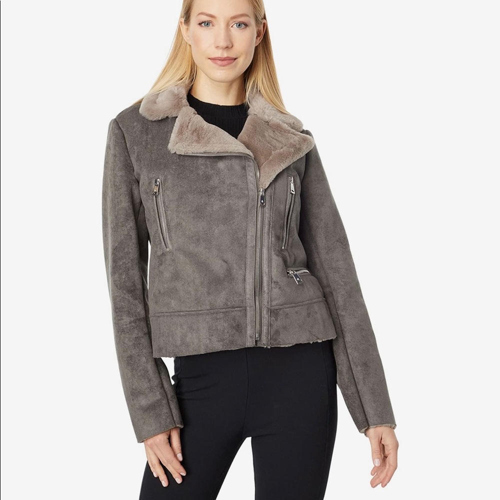 LAUREN Ralph Lauren Gray Faux Shearling Moto Jacket